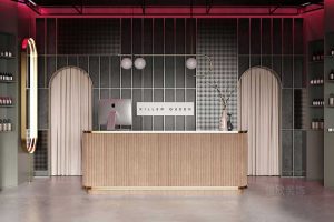 深圳城市裝修設(shè)計(jì)發(fā)型工作室店鋪裝修對(duì)稱(chēng)式前臺(tái)區(qū)環(huán)形金屬設(shè)計(jì)內(nèi)嵌式墻柜創(chuàng)意效果