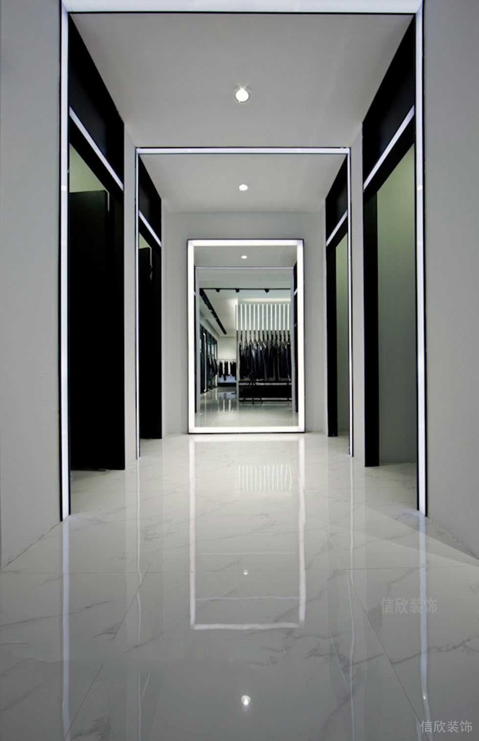 黑白色調(diào)過道設(shè)計(jì)簡約大理石環(huán)形燈帶鏡面更衣室服裝店鋪裝修