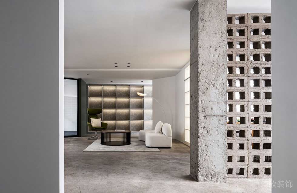 工業(yè)風(fēng)石材鏤空墻體裝修效果圖辦公室洽談室裝修