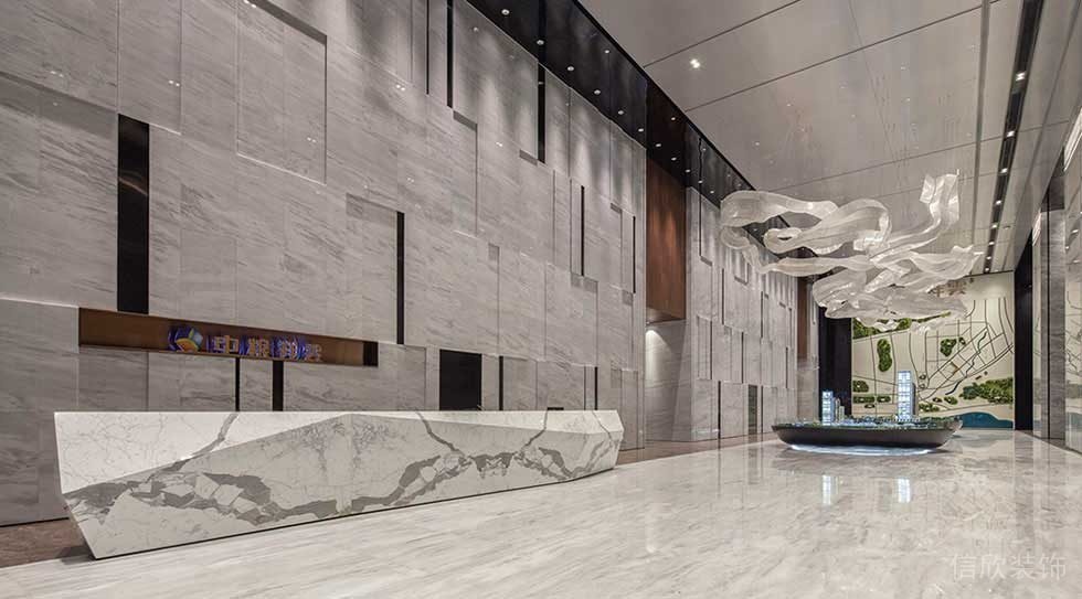 大理石前臺區裝修效果圖結合不規則接待處辦公樓大廳設計售樓處