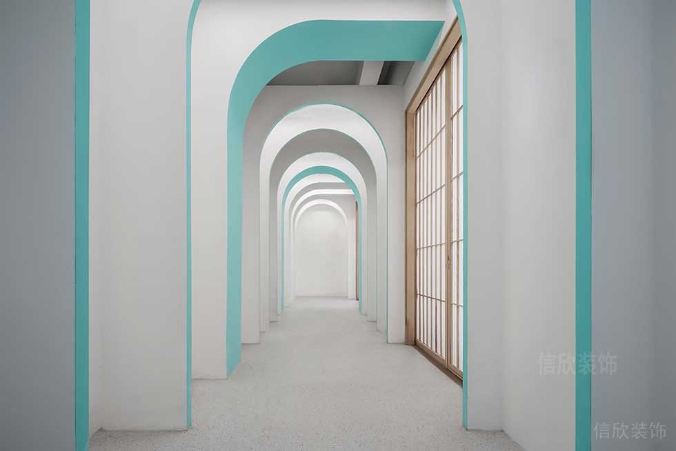 簡約北歐風(fēng)辦公室拱形門洞藝術(shù)走廊效果圖