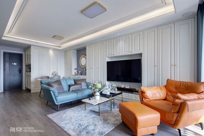 客廳裝修效果圖古典風(fēng)橙色藍(lán)色皮革沙發(fā)客廳對稱式設(shè)計