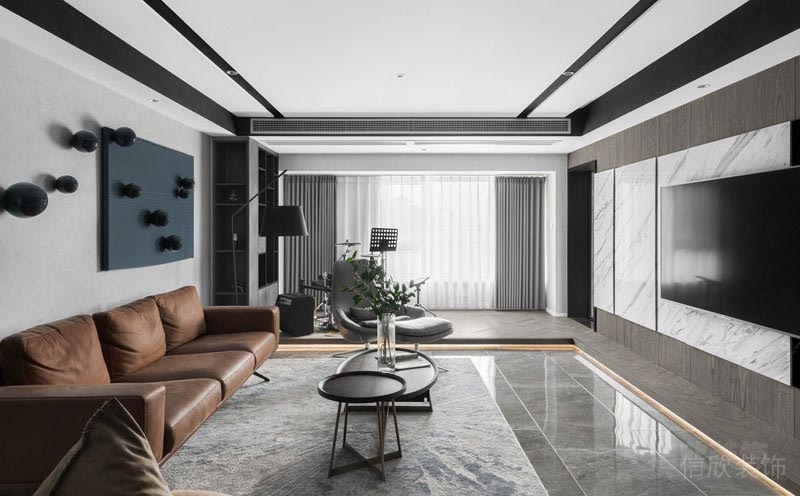 棕色皮革沙發黑白色調客廳現代簡約大理石效果