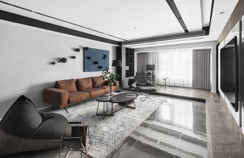棕色皮革沙發黑白色調客廳現代簡約大理石效果