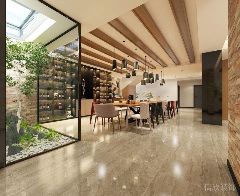 定制微景觀玻璃植物隔斷黑色金屬邊框木質(zhì)天花設(shè)計(jì)就餐區(qū)