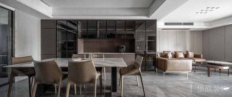 客廳裝修就餐區(qū)石英桌面設(shè)計(jì)效果定制收納黑色墻柜效果