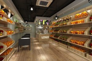 展柜開放式區域超市水果售賣區裝修效果工業風天花中央空調實木地板過道設計
