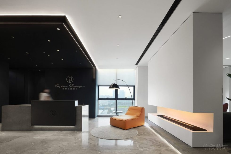 辦公室接待區黑白色調現代簡約風墻體內嵌式加濕器沙發效果