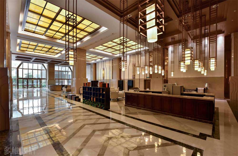 深圳寶安1000平方輕奢風(fēng)格公司大堂裝修玫瑰金不銹鋼藝術(shù)吊燈