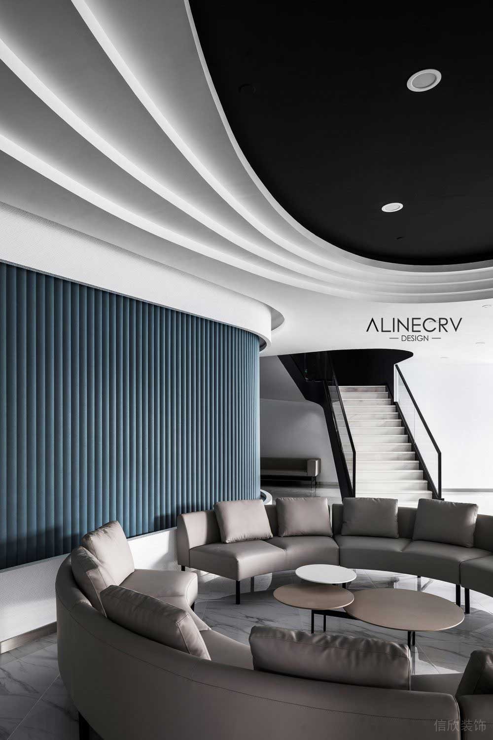 黑白色調復試接待區(qū)圓弧吊頂裝修設計效果圖