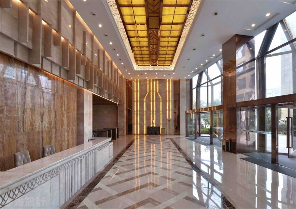 深圳寶安1000平方輕奢風(fēng)格公司大堂裝修前臺(tái)服務(wù)區(qū)