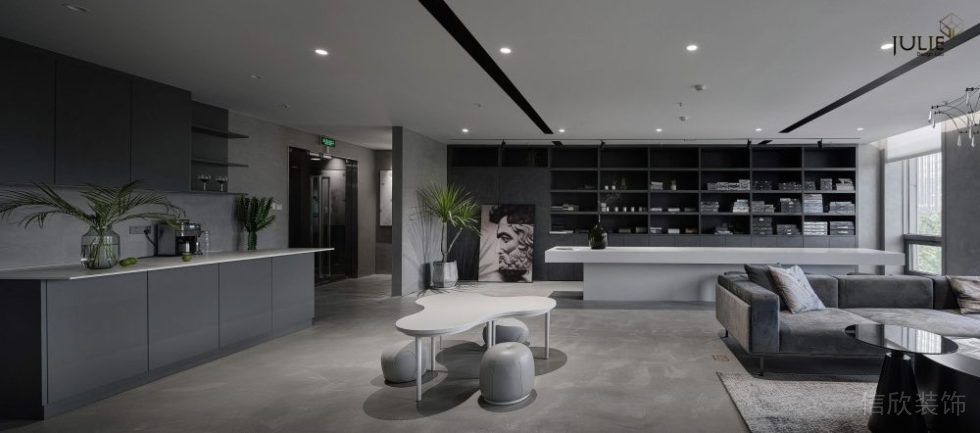 商務(wù)風(fēng)黑色簡約風(fēng)裝修弧線沙發(fā)設(shè)計(jì)全屋定制員工休息區(qū)辦公室裝修