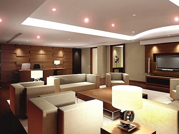 商務(wù)風(fēng)木質(zhì)中式環(huán)形洽談室裝修效果圖