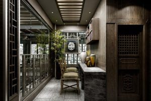 書房大理石臺面木飾面墻面玻璃隔斷效果圖設計