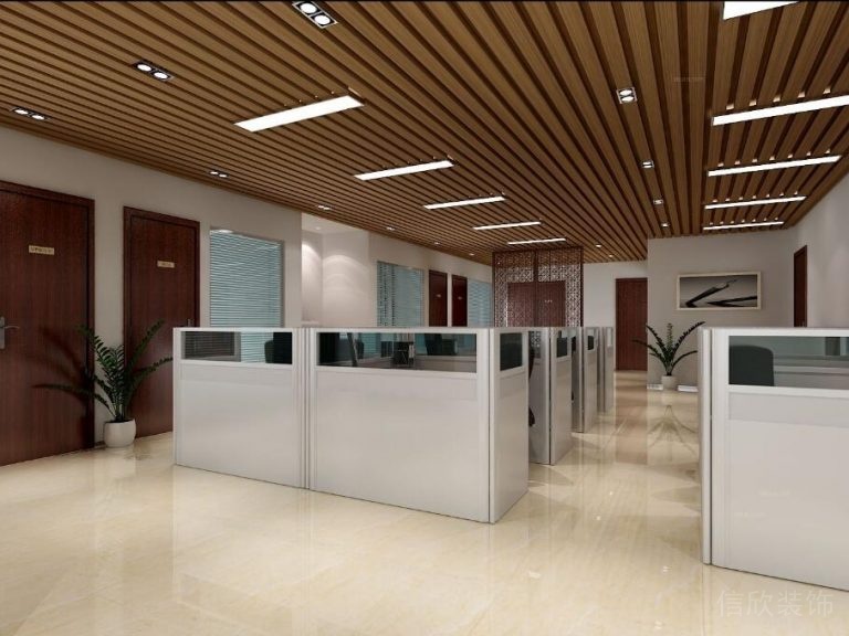 辦公區(qū)瓷磚地面雕花屏風直線天花吊頂裝修設計圖