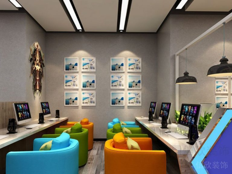 彩色對稱式設計網吧效果簡約現代北歐風格裝修設計圖。