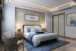 主臥裝修設(shè)計(jì)效果圖實(shí)木地板新中式風(fēng)格皮革墻體設(shè)計(jì)