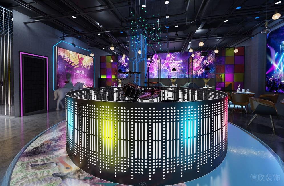 工業(yè)風酒吧大廳中間圓形音樂舞臺效果圖