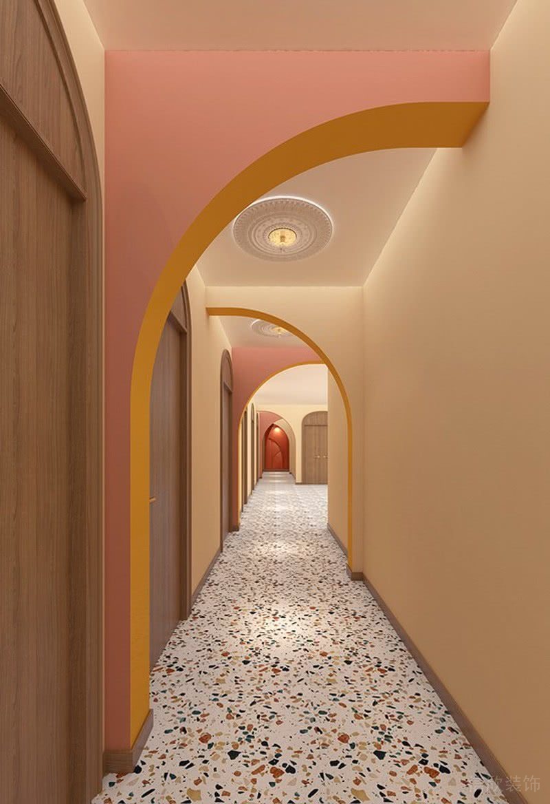 木質拱形古典創意設計水磨石彩色石材地板直線安全圓角創意效果圖機構裝修培訓班