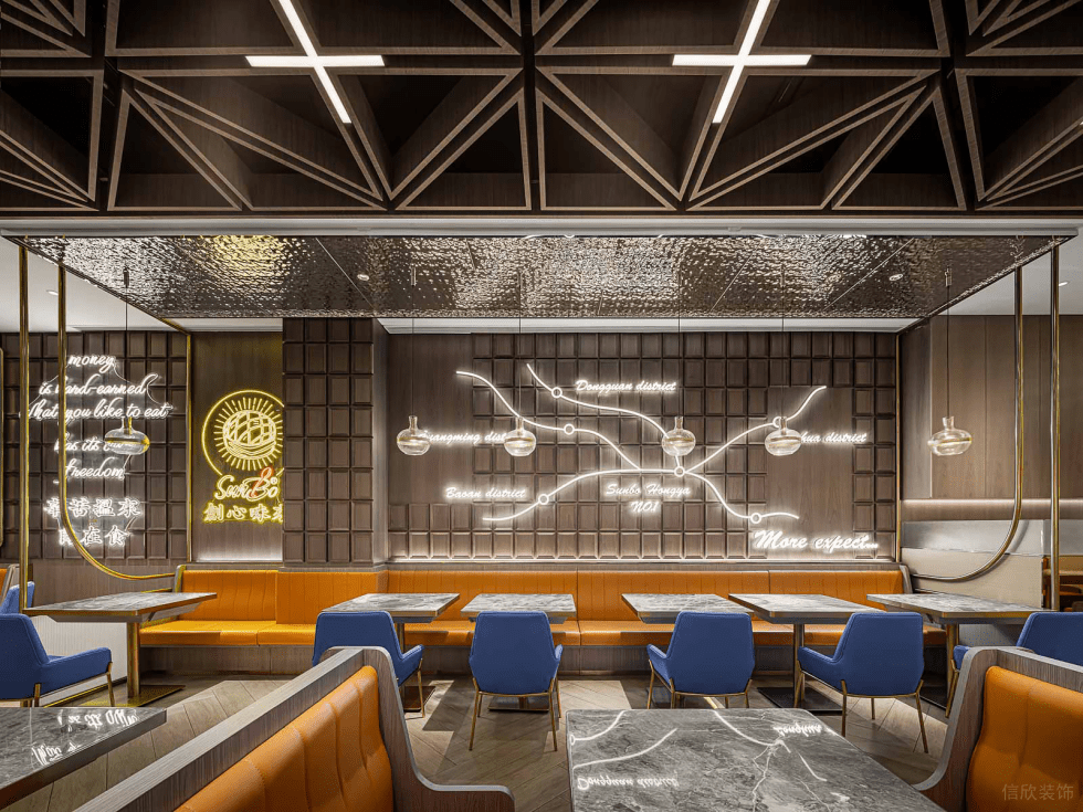 深圳寶安海府一號(hào)輕奢風(fēng)格港式茶餐廳裝修案例線型燈發(fā)光字裝飾背景墻