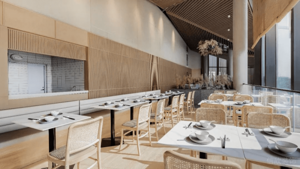 深圳寶安天琴閣原木色調田園簡約風素食館裝修案例爵士白大理石餐桌