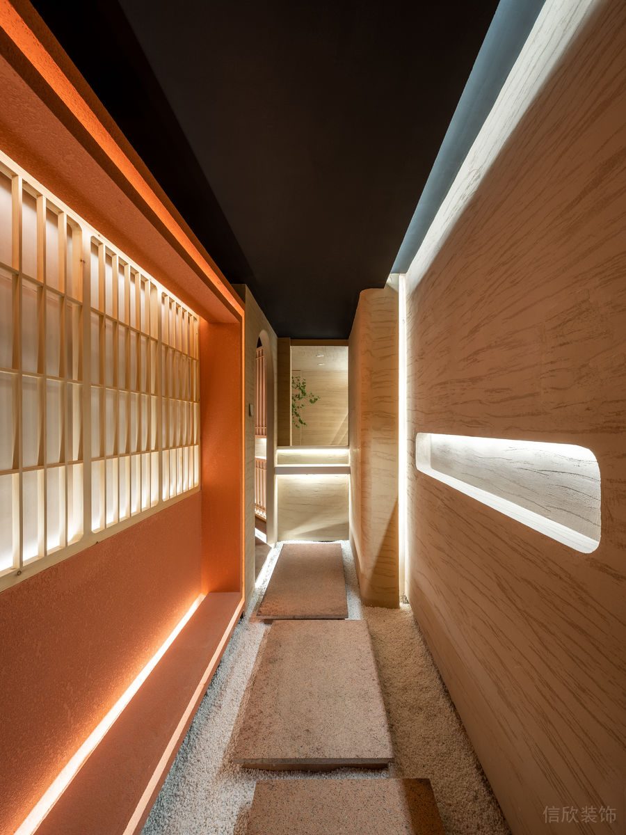 深圳寶安中洲華府暖色調(diào)極簡風格茶館裝修案例走廊