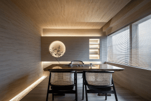 深圳寶安中洲華府暖色調(diào)極簡(jiǎn)風(fēng)格茶館裝修案例包廂效果圖