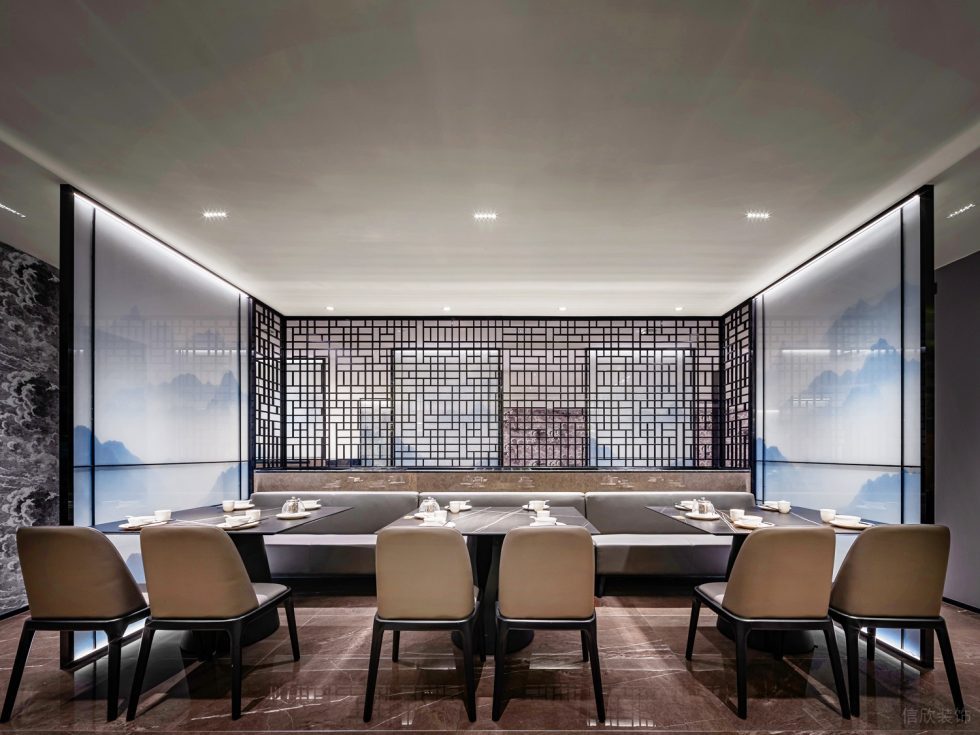 深圳龍華保利悅都現(xiàn)代新中式風格江浙菜餐廳裝修案例二層用餐大廳訂制卡座效果圖