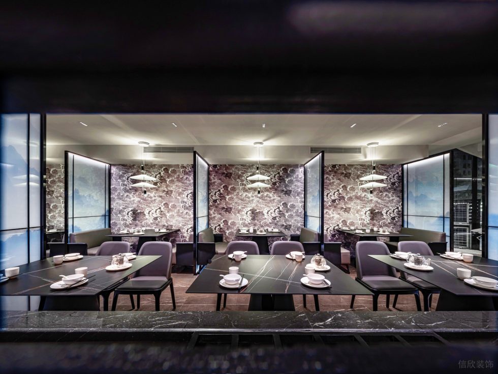 深圳龍華保利悅都現代新中式風格江浙菜餐廳裝修案例二層用餐大廳卡座山水畫噴繪玻璃裝飾隔斷 深圳龍華保利悅都現代新中式風格江浙菜餐廳裝修案例二層用餐大廳卡座山水畫噴繪玻璃裝飾隔斷