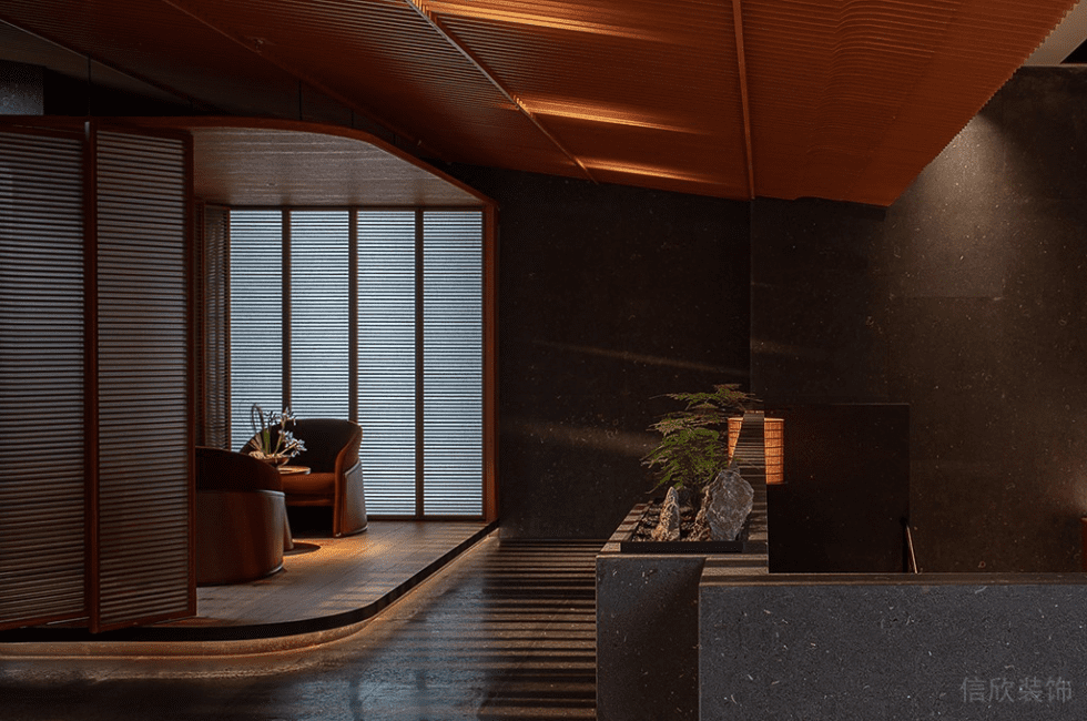 深圳南山華潤前海大廈輕奢新中式粵菜餐廳裝修案例休息等候區