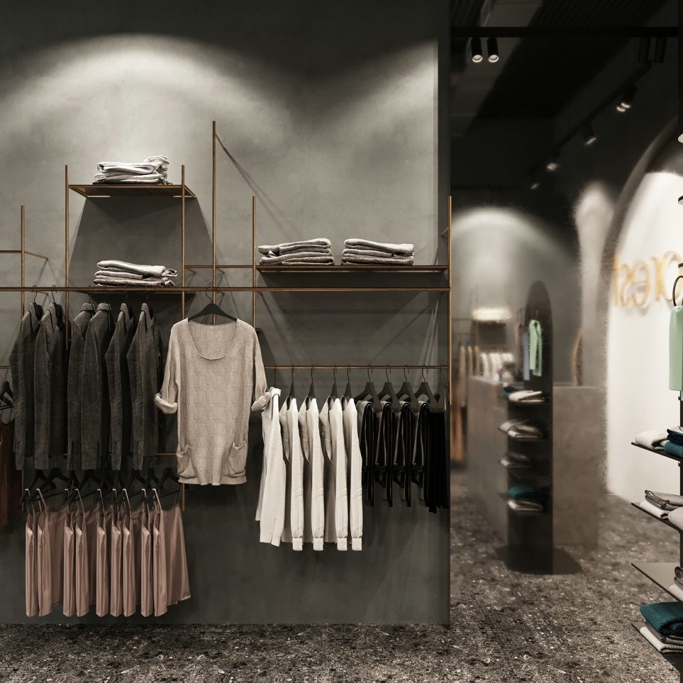 深圳市龍崗區(qū)平湖“森林” 名牌服裝店裝修設計墻面金色鋼管展架 深圳市龍崗區(qū)平湖“森林” 名牌服裝店裝修設計墻面金色鋼管展架