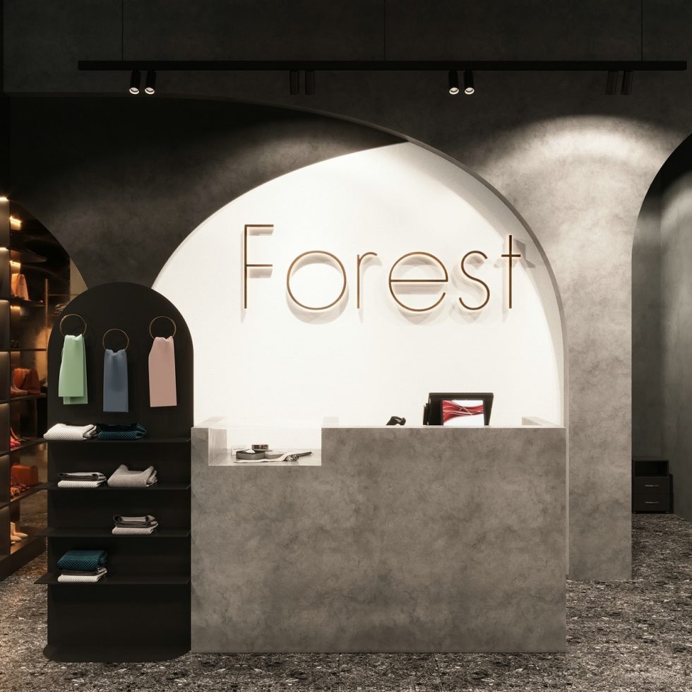 深圳市龍崗區(qū)平湖“森林” 名牌服裝店裝修設計水泥紋理前臺 深圳市龍崗區(qū)平湖“森林” 名牌服裝店裝修設計前臺