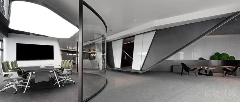 異型小會(huì)議室圓弧形玻璃隔墻效果圖
