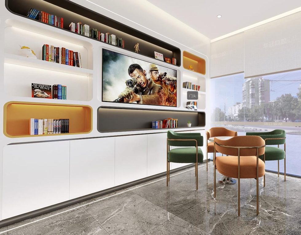 深圳福田新洲大廈華冠口腔牙科診所裝修設計全景圖候診區展示柜 深圳福田新洲大廈華冠口腔牙科診所裝修設計全景圖候診區展示柜