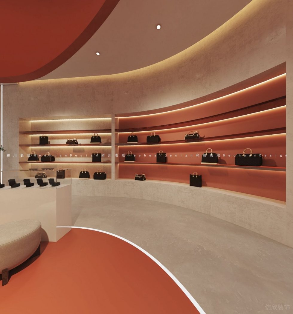 深圳市龍崗區(qū)布吉現(xiàn)代輕奢風(fēng)奢侈品店弧形女包展架效果圖 深圳市龍崗區(qū)布吉現(xiàn)代輕奢風(fēng)奢侈品店弧形女包展架效果圖