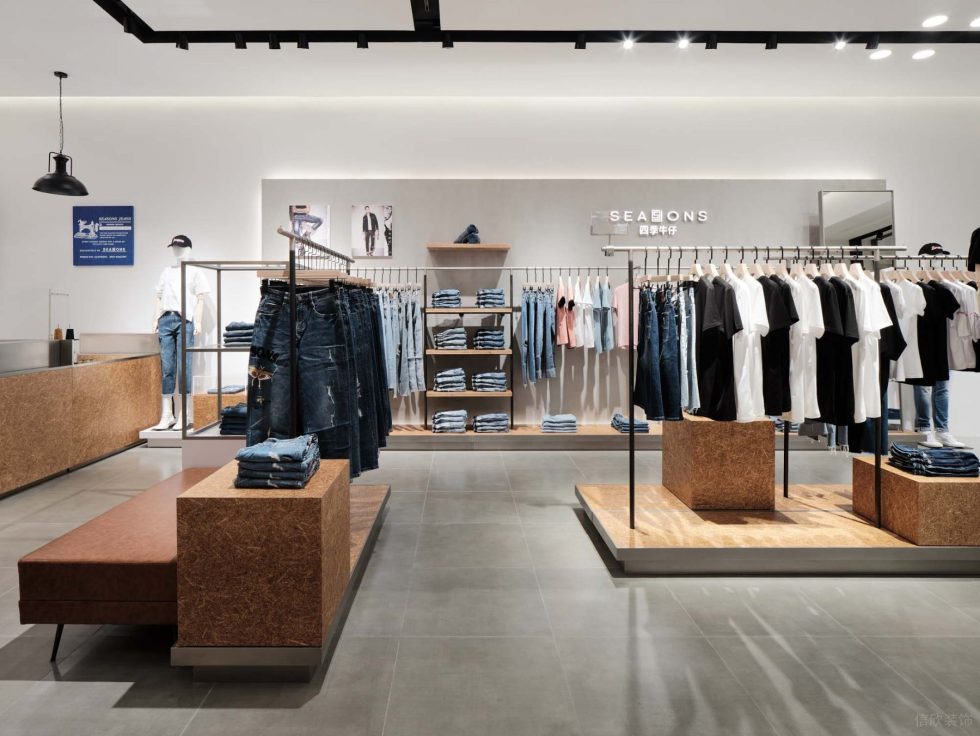 深圳市龍崗區(qū)坪地現(xiàn)代風潮牌四季牛仔店鋪墻面背景燈光裝飾設計效果圖