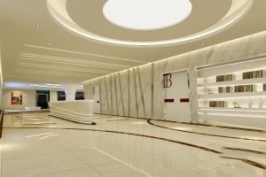 武漢愛馨口腔牙科診所候診大廳宣傳欄圓形吊頂裝修設(shè)計