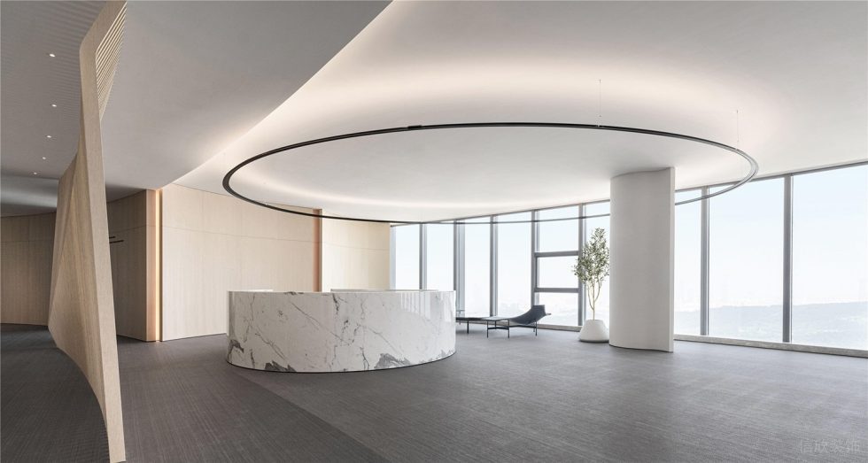 辦公室前臺區(qū)圓形爵士白大理石前臺環(huán)形吊燈