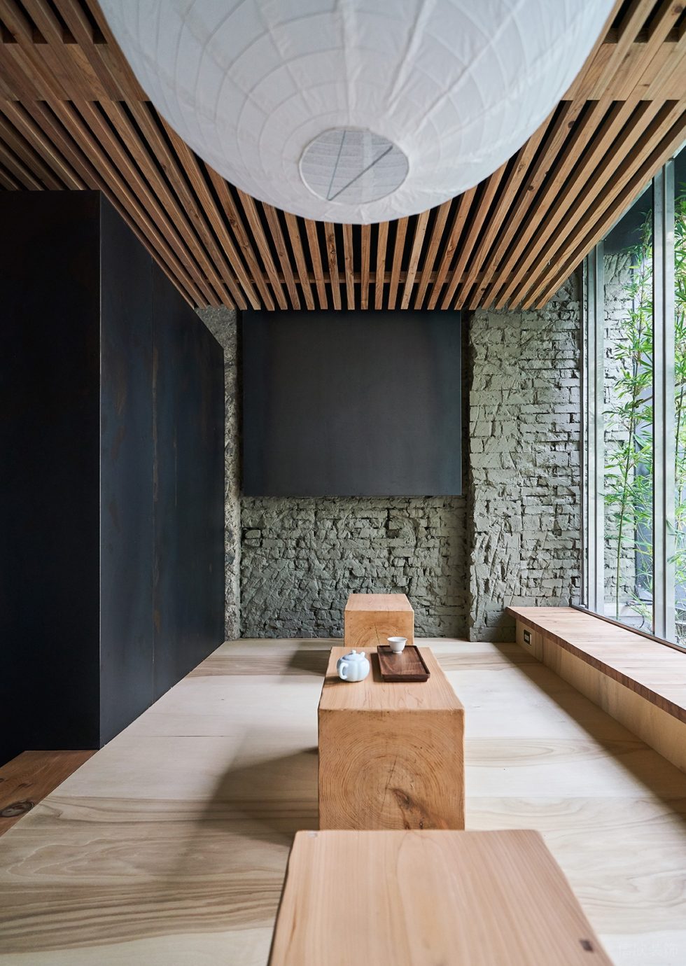 復(fù)古工業(yè)風格茶室原木色茶桌效果圖