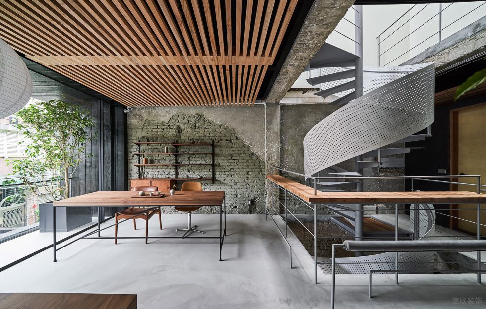 復(fù)古工業(yè)風格茶室原木色木制頂面框架天花效果圖