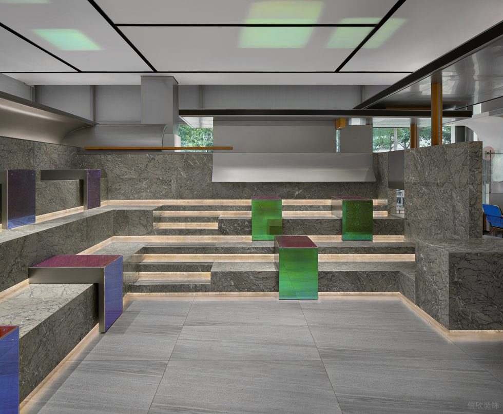 工業(yè)簡約風(fēng)飲品店大理石紋地磚階級(jí)就座區(qū)裝修設(shè)計(jì)