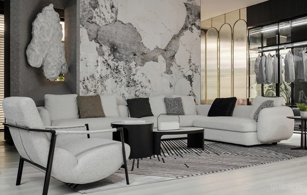Nasca整體家具展廳裝修設(shè)計(jì) 水墨大理石背景墻及拱門(mén)玻璃屏風(fēng)墻
