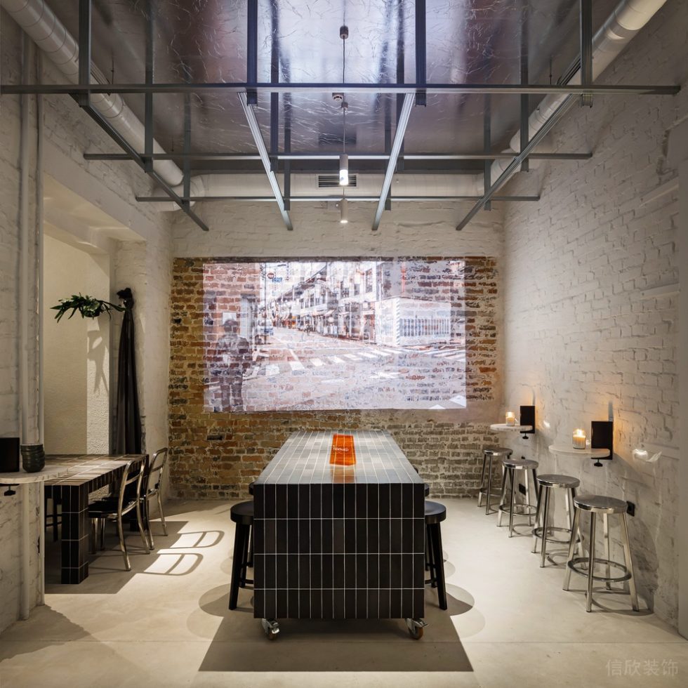 現(xiàn)代極簡風咖啡廳陳舊磚墻投影區(qū)效果圖