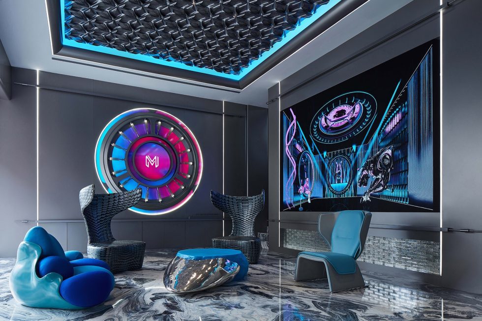 賽博朋克風格辦公室裝修設計灰藍色接待區 賽博朋克風格辦公室裝修設計灰藍色接待區