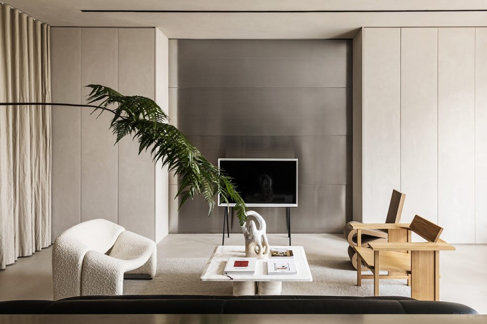 淡色原木簡約風辦公室裝修設計灰咖色休閑接待區(qū)背景墻效果圖