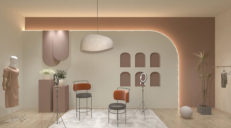 羅湖區(qū)東門服裝帶貨直播間弧形造型墻裝修設計