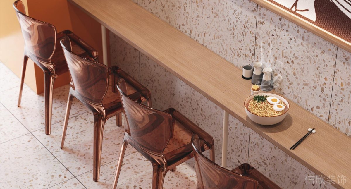 深圳龍崗布吉小兩口米線(xiàn)橙色面館靠墻面餐桌椅裝修設(shè)計(jì)