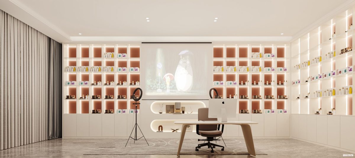 深圳羅湖文化大廈帶貨直播間方格子商品展柜裝修設(shè)計(jì)