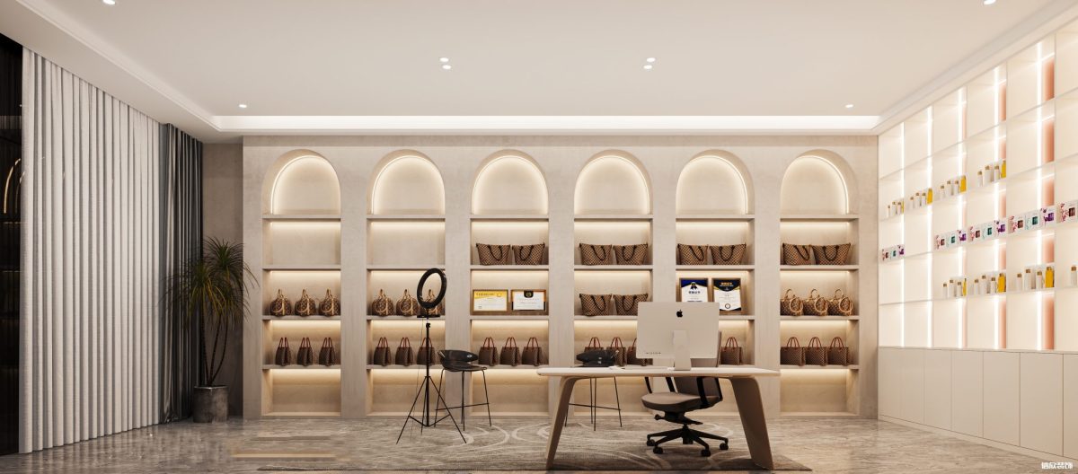 深圳羅湖文化大廈帶貨直播間鏡頭內(nèi)商品展柜裝修設(shè)計(jì)