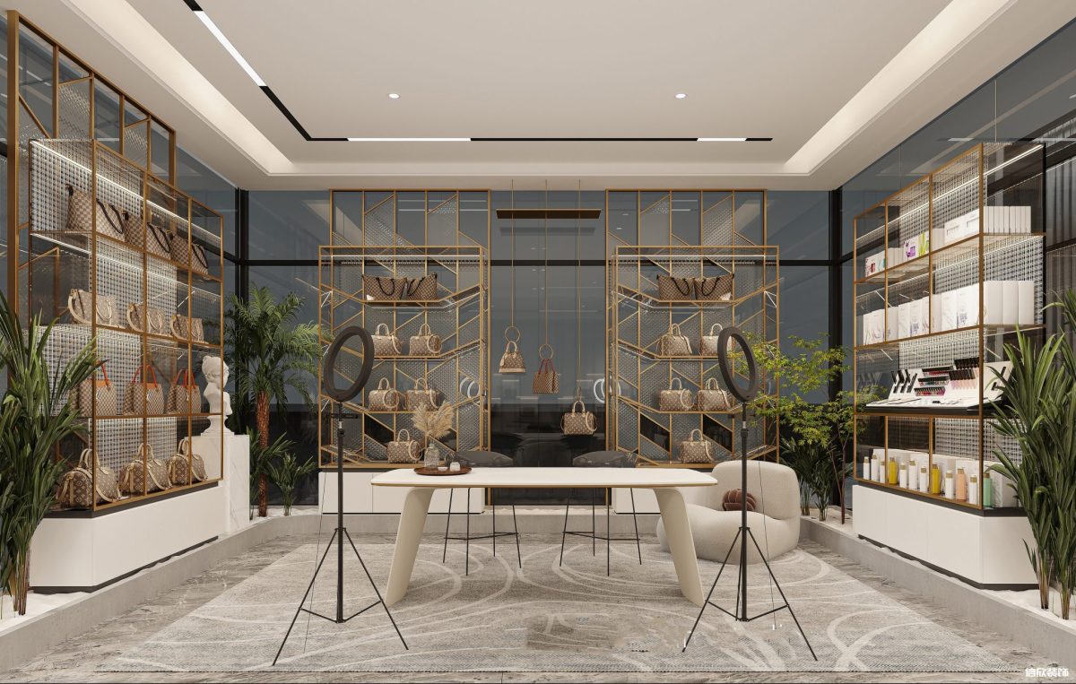 深圳羅湖文化大廈帶貨直播間鞋包類商品展柜裝修設(shè)計(jì)